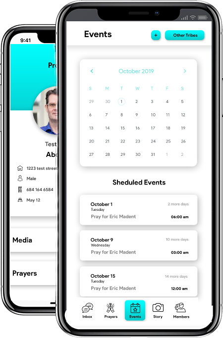 Gospel Tribes app showing a member profile and the group Events calendar