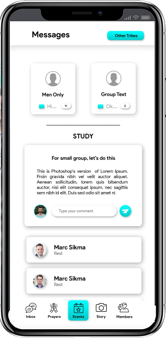Gospel Tribes Messages screen with group chats and a study discussion