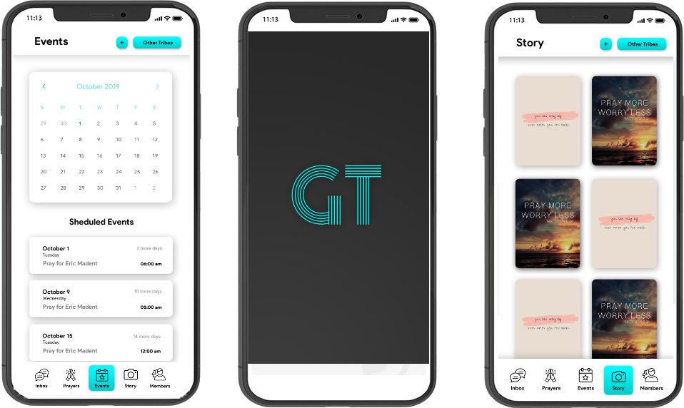 Three Gospel Tribes screens: the Events calendar, the app launch screen, and the Story media gallery